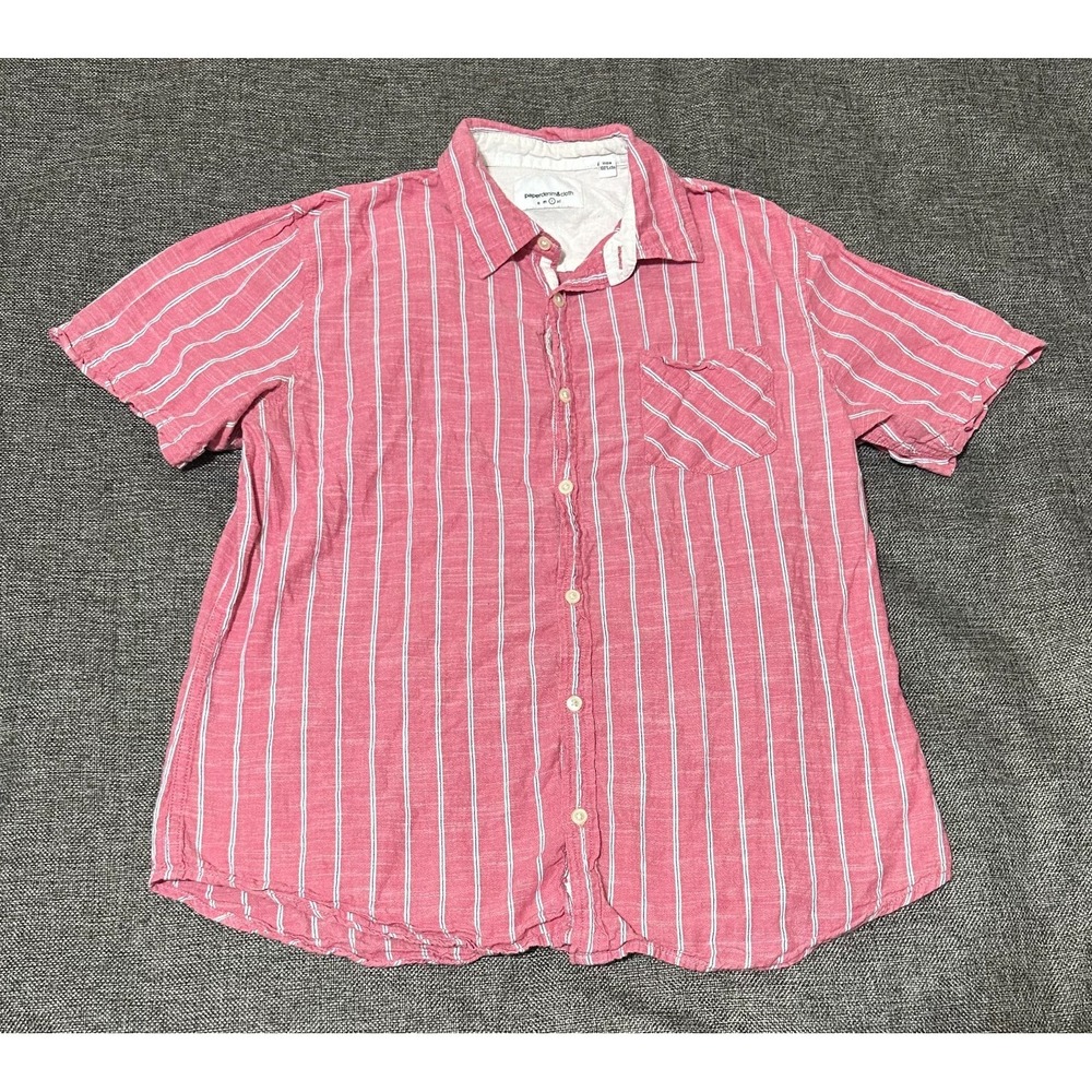Paperdenim &‎ Cloth Men's L Striped Reddish Pink & White Short Sleeve Shirt
